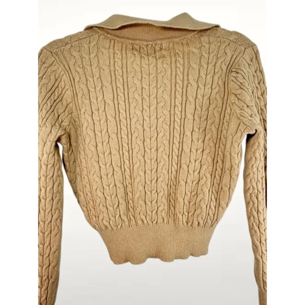 Almost Famous Women's L Tan Cable‎ Knit Cropped Polo Sweater Preppy Academia Y2K